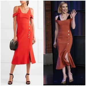 NWT Rebecca Vallance Beltran Midi Dress Button Slit Skirt Off The Shoulder Red 8